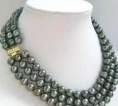 Ожерелье из 3 рядов 7-8 мм из натурального таитянского черного зеленого жемчуга