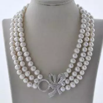 Ожерелье из 3 рядов белого круглого пресноводного жемчуга диаметром 19 дюймов и диаметром 8–9 мм