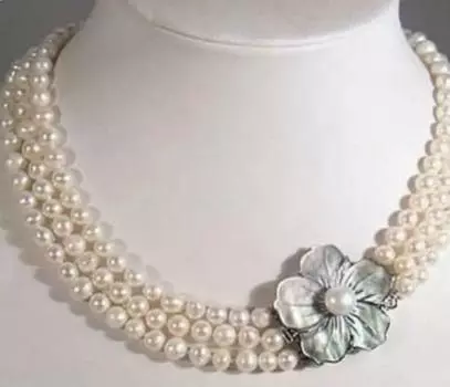 Ожерелье из 3 рядов белого жемчуга 7-8 мм с застежкой-ракушкой