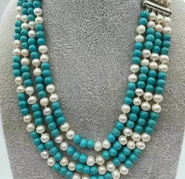 Ожерелье из 4 нитей бирюзового и белого жемчужного бисера