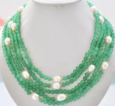 Ожерелье из 5 рядов 6 мм круглого зеленого нефрита 13 мм белого пресноводного жемчуга