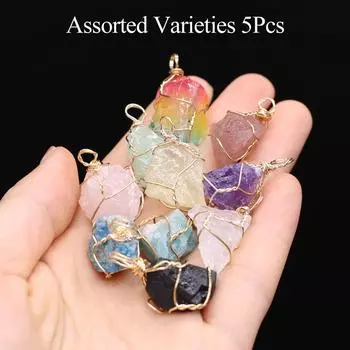 Ожерелье из 5 шт. с подвеской из натурального нерегулярного хрусталя в проволочной обертке, в стиле бохо, с лечебным камнем, идеально подходит для Дня святого Валентина/Дня матери и духовных подарков. 5Pcs/1927mm