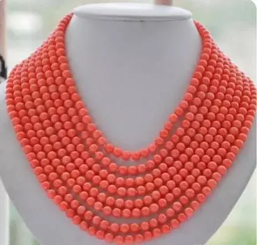 Ожерелье из 8 нитей из настоящих круглых розовых коралловых бусин диаметром 6 мм длиной 16–22 дюйма.