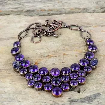 Ожерелье из африканского аметиста, медное ожерелье, полученное электроформованием, регулируемое ожерелье-цепочка, ожерелье ручной работы с драгоценными камнями, медные украшения, подарок на годовщину