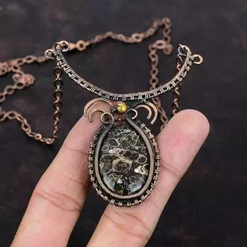 Ожерелье из агата Turritella, ювелирные изделия из медной проволоки, регулируемое ожерелье, ожерелье из настоящего драгоценного камня, ювелирные изделия ручной работы, ожерелье из медной проволоки