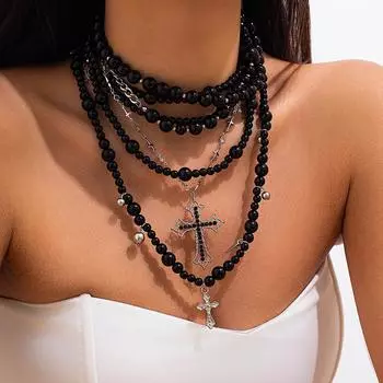 Ожерелье из акриловых бусин в темном стиле с кулоном в виде креста - Универсальная европейская и американская мода для женщин K 6795 белый