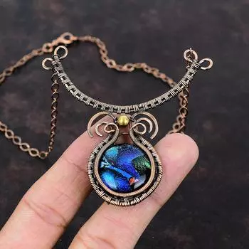 Ожерелье из американского дихроичного стекла, медная проволока, ювелирные изделия из драгоценных камней, регулируемое ожерелье, этнические украшения ручной работы, ожерелье из медной проволоки