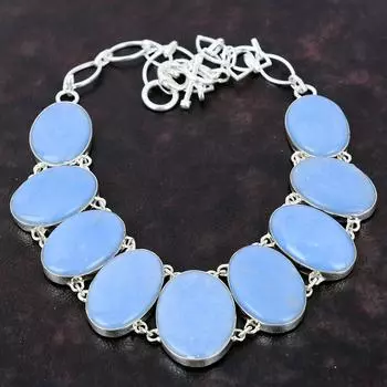 Ожерелье из ангелита Достойные ювелирные изделия из драгоценных камней Ожерелье из стерлингового серебра 925 пробы Регулируемая цепочка Ожерелье Ювелирные изделия ручной работы Ожерелье в стиле бохо Подарок для мамы Adjustable