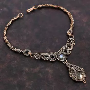 Ожерелье из арахисового дерева и яшмы, ювелирные изделия из медной проволоки, ожерелье из настоящего драгоценного камня, медное ожерелье ручной работы, проволочная обмотка, ожерелье из радужного лунного камня