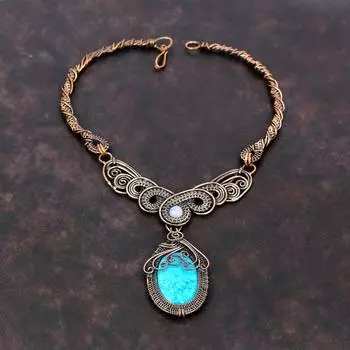 Ожерелье из Аризоны, бирюзы и драгоценных камней, ожерелье из медной проволоки, ожерелье из радужного лунного камня, медные украшения, ожерелье ручной работы, подарок для мамы