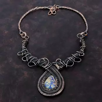 Ожерелье из азурита и малахита, медная проволока, регулируемое ожерелье, медные украшения, ожерелье из драгоценных камней для подарка, ювелирные изделия ручной работы, обернутые проволокой