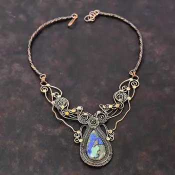 Ожерелье из азурита и малахита, ожерелье из медной проволоки, регулируемое ожерелье, медные украшения ручной работы, изысканное ожерелье из драгоценных камней, подарок на помолвку