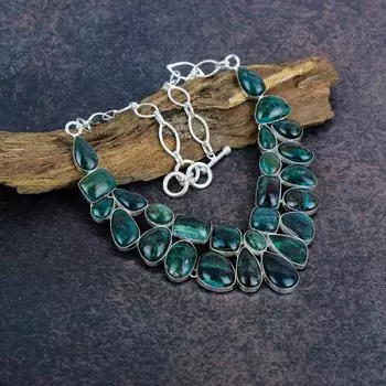 Ожерелье из азурита и малахита, ювелирные изделия из драгоценных камней, ювелирные изделия из стерлингового серебра 925 пробы, великолепное ожерелье ручной работы для мамы Adjustable with 18 inches зелёный