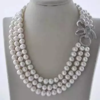 Ожерелье из белого круглого пресноводного жемчуга, 3 ряда, 8-9 мм