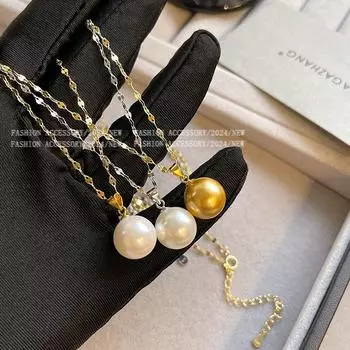 Ожерелье из белого жемчуга с гальваническим покрытием 14 карат для женщин - корейская классика, высококачественная цепочка на ключицу, свитер RF244 серебряный