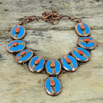 Ожерелье из бирюзы «Спящая красавица» Ожерелье из гальванопластики из меди и драгоценных камней Регулируемая цепочка Ожерелье ручной работы из красного коралла Свадебный подарок