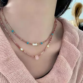 Ожерелье из бисера из камня, розовая, натуральный красный камень, цепочка на шею, не выцветает, летняя высококачественная цепочка на ключицу из титановой стали с жемчугом