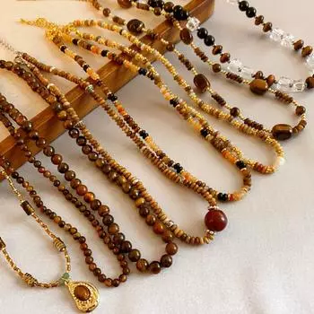 Ожерелье из бисера из камня тигровый глаз кофейного цвета Melad, нишевая ретро-цепочка на ключицу, персонализированный и модный дизайнерский аксессуар