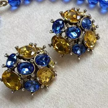 Ожерелье из бисера из старого синего цитрина с ветровой инкрустацией из бриллиантов, ретро-серьги из настоящего золота с покрытием