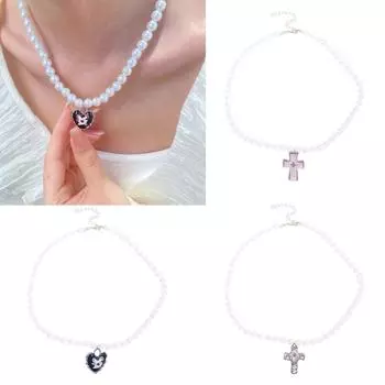 Ожерелье из бисера с искусственным жемчугом, регулируемая длина, шейная цепочка в форме сердца/распятия/подвески с кошками, колье, модный аксессуар 1