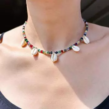 Ожерелье из бисера с ракушками цвета допамина и камнями «Ниш» для отпуска «Ветер» с натуральной ракушкой на ключицу 640