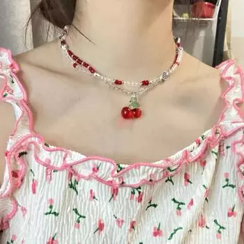 Ожерелье из бисера в корейском стиле с вишнями для женщин - универсальная летняя цепочка на ключицу, милый и милый стиль Heart cherry necklace