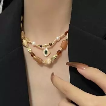 Ожерелье из бисера в стиле ретро для женщин осенью и зимой, маленькое многослойное ожерелье, дизайн, нерегулярные аксессуары для ожерелья 41-50cm красно-коричневый