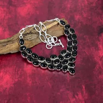 Ожерелье из цельного серебра 925 пробы с черным ониксом, ювелирное ожерелье ручной работы с драгоценными камнями на День памяти Adjustable With 18 Inches чёрный