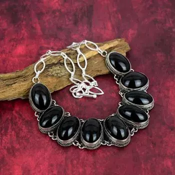 Ожерелье из черного обсидиана, ювелирные изделия ручной работы, ожерелье из стерлингового серебра 925 пробы, дизайнерские ювелирные изделия из драгоценных камней, регулируемое ожерелье-цепочка, подарок для мамы Adjustable With 18 Inches чёрный