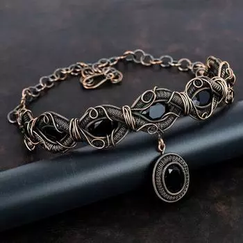 Ожерелье из черного оникса Ожерелье из медной проволоки Регулируемая цепочка Ожерелье Уникальные медные украшения Ожерелье ручной работы для подарка Ювелирные изделия из драгоценных камней