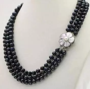 Ожерелье из черного пресноводного жемчуга, 3 ряда, 7-8 мм