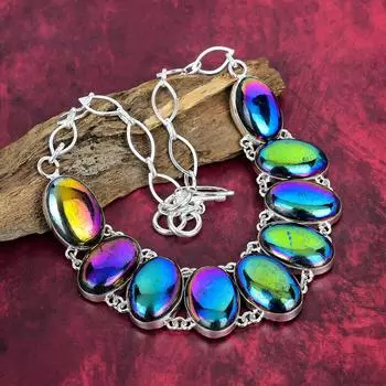 Ожерелье из чистого серебра 925 пробы с лабрадором Aura Flash с регулируемой цепочкой, ювелирные изделия из драгоценных камней ручной работы, ожерелье ко Дню памяти Adjustable with 18 inches фиолетовый