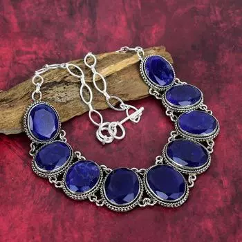 Ожерелье из чистого серебра 925 пробы с бирманским сапфиром и регулируемой цепочкой, ювелирное ожерелье ручной работы из драгоценных камней на День памяти Adjustable with 18 inches синий