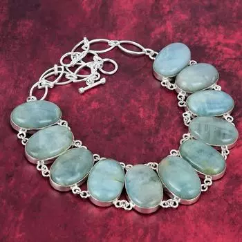 Ожерелье из чистого серебра 925 пробы с аквамарином и регулируемой цепочкой, ювелирное ожерелье ручной работы из драгоценных камней на День памяти Adjustable with 18 inches синий