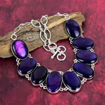 Ожерелье из чистого серебра 925 пробы с фиолетовым лабрадором, с регулируемой цепочкой, ювелирные изделия из драгоценных камней ручной работы, ожерелье ко Дню памяти Adjustable with 18 inches фиолетовый