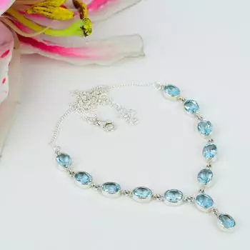 Ожерелье из чистого серебра 925 пробы с натуральным голубым топазом, 18 дюймов, v9u05