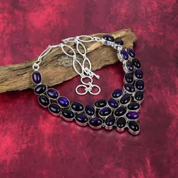 Ожерелье из чистого серебра 925 пробы с фиолетовым лабрадором, с регулируемой цепочкой, ювелирные изделия из драгоценных камней ручной работы, ожерелье ко Дню памяти Adjustable With 18 Inches фиолетовый