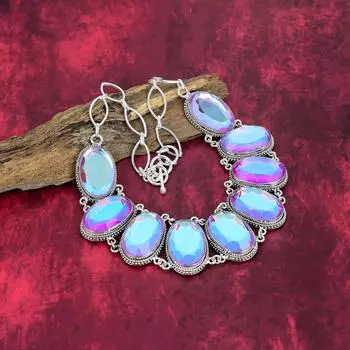 Ожерелье из чистого серебра 925 пробы с граненым мистическим топазом и регулируемой цепочкой, ювелирное ожерелье ручной работы из драгоценных камней на День памяти Adjustable with 18 inches белый