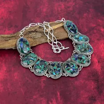 Ожерелье из чистого серебра 925 пробы с азуритом и малахитом, с регулируемой цепочкой, ожерелье ручной работы с драгоценными камнями на День памяти Adjustable With 18 Inches зелёный