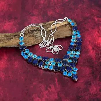 Ожерелье из чистого серебра 925 пробы с лазуритом и голубым топазом, с регулируемой цепочкой, ожерелье ручной работы с драгоценными камнями на День памяти Adjustable With 18 Inches синий