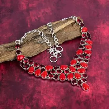 Ожерелье из чистого серебра 925 пробы с красным кораллом и красным гранатом, с регулируемой цепочкой, ожерелье ручной работы с драгоценными камнями на День памяти Adjustable With 18 Inches красный