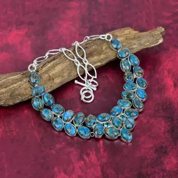 Ожерелье из чистого серебра 925 пробы с медным неоновым апатитом и регулируемой цепочкой, ювелирное ожерелье ручной работы с драгоценными камнями на День памяти Adjustable With 18 Inches синий