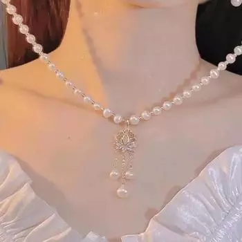 Ожерелье из цинкового сплава с бусинами и кисточками Y2k, корейское ожерелье в форме лотоса, женское ожерелье с подвеской из кристаллов зелёный