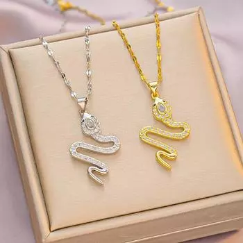 Ожерелье из циркония в виде змеи, медная подвеска, не выцветающая бижутерия