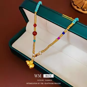 Ожерелье из цветного риса и тыквы с гальваническим покрытием из золота, новая цепочка на ключицу в китайском стиле в стиле ретро, универсальное и элегантное украшение ожерелья золотой