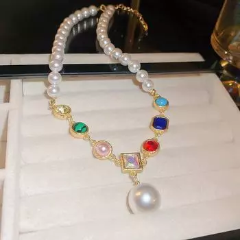Ожерелье из цветного жемчуга и кристаллов: Французская ретро-цепочка на ключицу с легкой роскошью, высококлассный дизайн для женщин