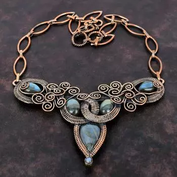 Ожерелье из драгоценного камня лабрадорита, ожерелье из медной проволоки, регулируемое ожерелье из цепочки, ожерелье ручной работы, красивые медные украшения, подарок для нее