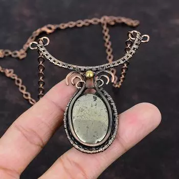 Ожерелье из драгоценного камня пирита, ожерелье из медной проволоки, ожерелье ручной работы, медные украшения, регулируемое ожерелье, ювелирное изделие, завернутое в проволоку, подарок для него