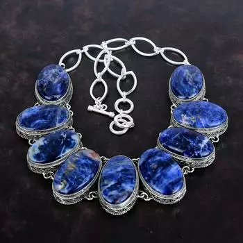 Ожерелье из драгоценного камня содалит, серебряное ожерелье 925 пробы, ювелирные изделия ручной работы, регулируемое ожерелье-цепочка, винтажное ожерелье, серебряные украшения для подарков