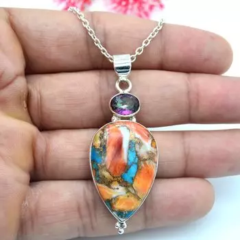 Ожерелье из драгоценного камня устрицы, меди, бирюзы, мистического топаза, ожерелье из твердого серебра 925 пробы, ожерелье для вечеринки, свадебный подарок, исцеление кристаллами 18 inch